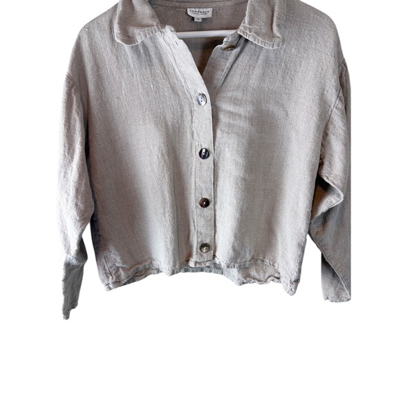 Sundance Catalog Linen Button Down Shirt Oatmeal Beige Boxy Cropped S Neutral - Picture 3 of 6